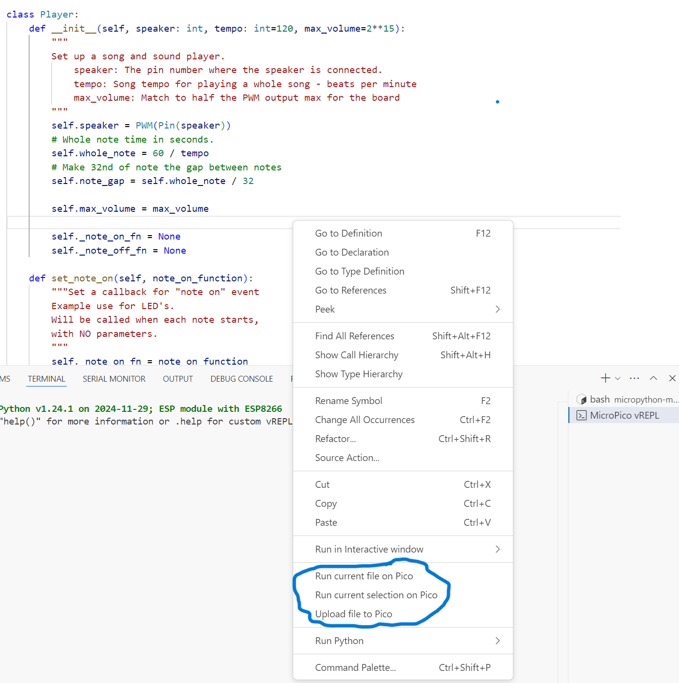 VSCode MicroPico menu to run the current code on a MicroPython device