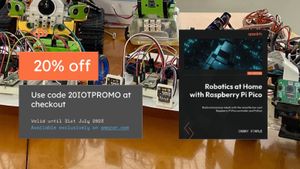 20% discount code for IOT books, including robotics at home. The background is some of the robots in my fleet, built using techniques in the book.