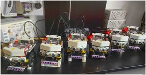 Coder Dojo Robots fleet recharging in my workshop
